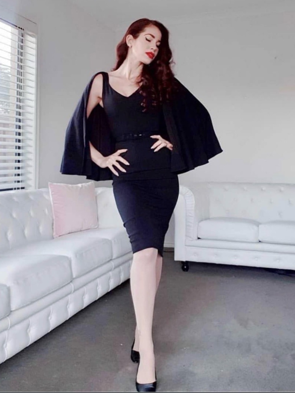 Classic Black V-Neck Sheath Dress with Cape Sleeve - Picture 9 of 9